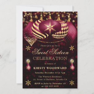 Invitation Boules de Noël Rouge et Or Pailletées Sweet Sixtee