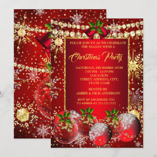 Invitation Boules de Noël Rouge Or Fête de Noël avec Holly 