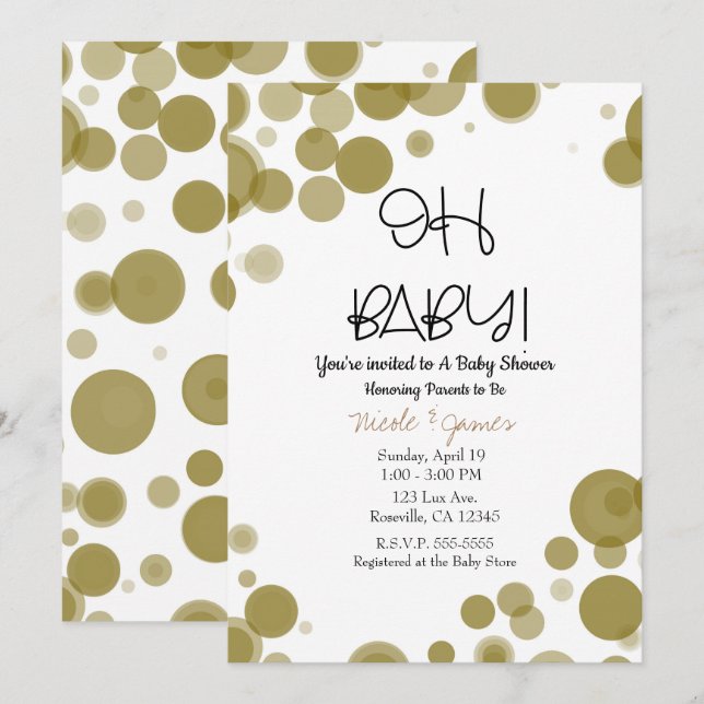 Invitation Boules de points Polka Or & Blanc OH Baby shower (Devant / Derrière)