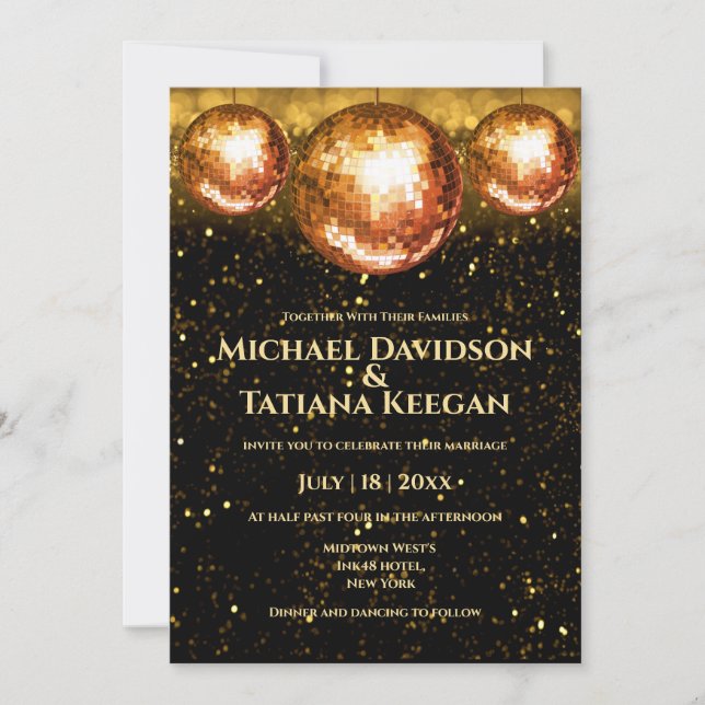 Invitation boules disco rétro or noir parties scintillant mar (Devant)