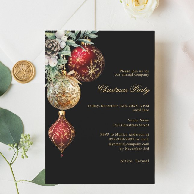 Invitation Boules d'or rouge noir affaires Noël fête (Créateur téléchargé)