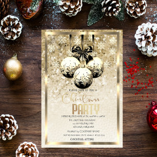 Invitation Boules noires flocons de neige Société d'or Noël 