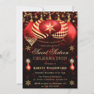 Invitation Boules scintillantes rouges et dorées Sweet Sixtee