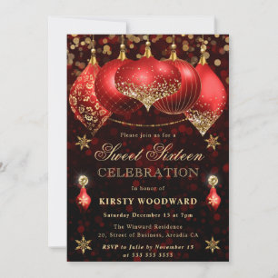 Invitation Boules scintillantes rouges et dorées Sweet Sixtee