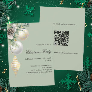 Invitation Boules vert or blanc QR code Noël