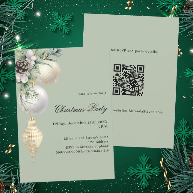Invitation Boules vert or blanc QR code Noël (Créateur téléchargé)
