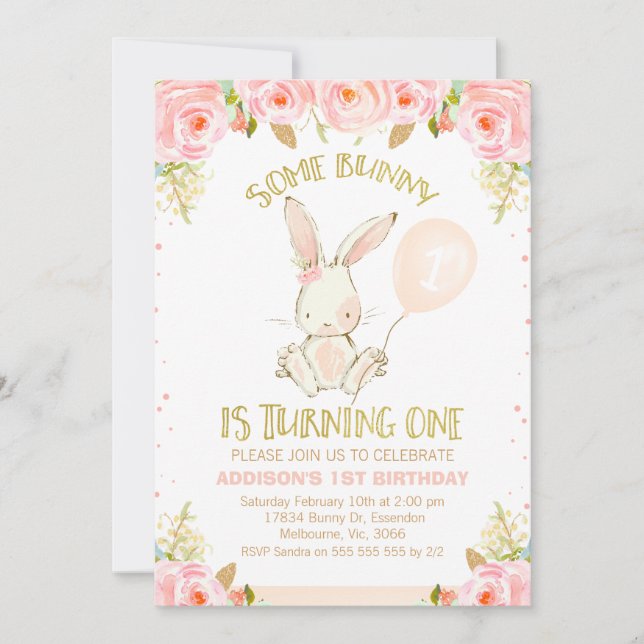 Invitation Boulon rose or floral 1er anniversaire (Devant)