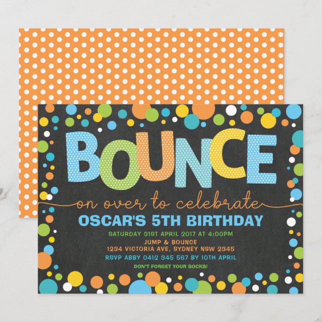 Invitation Bounce & Jump Trampoline Party Anniversaire Chalkb (Devant / Derrière)
