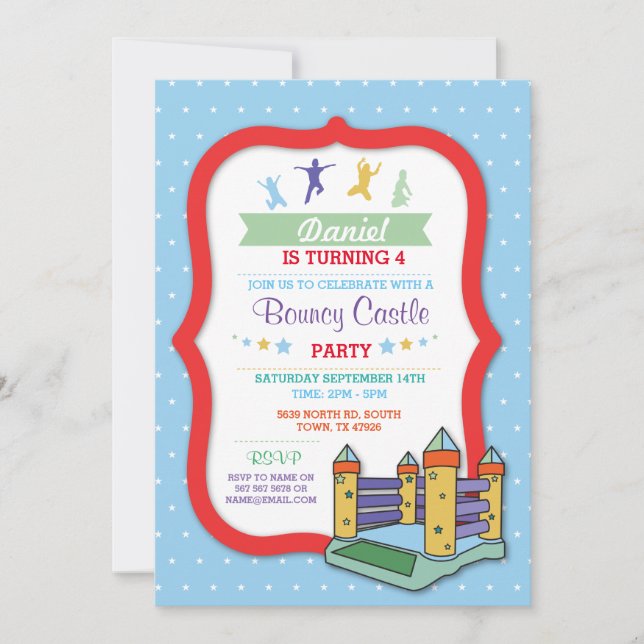 Invitation Bouncy Castle Party Anniversaire de enfant bleu In (Devant)