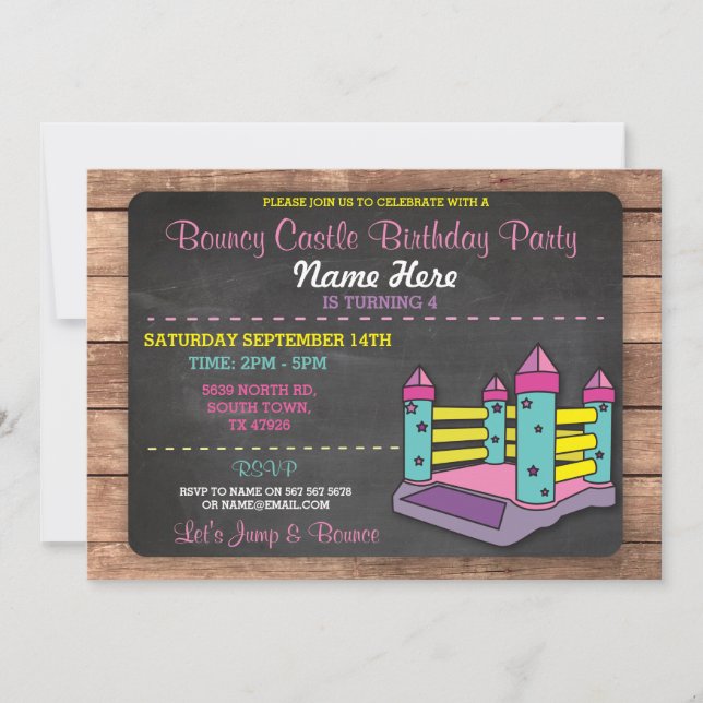 Invitation Bouncy Castle Party Jump Kids rose Anniversaire In (Devant)