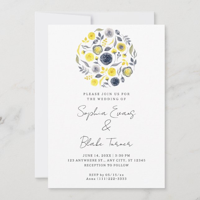 Invitation Bouquet Abstrait jaune et bleu Mariage blanc (Devant)