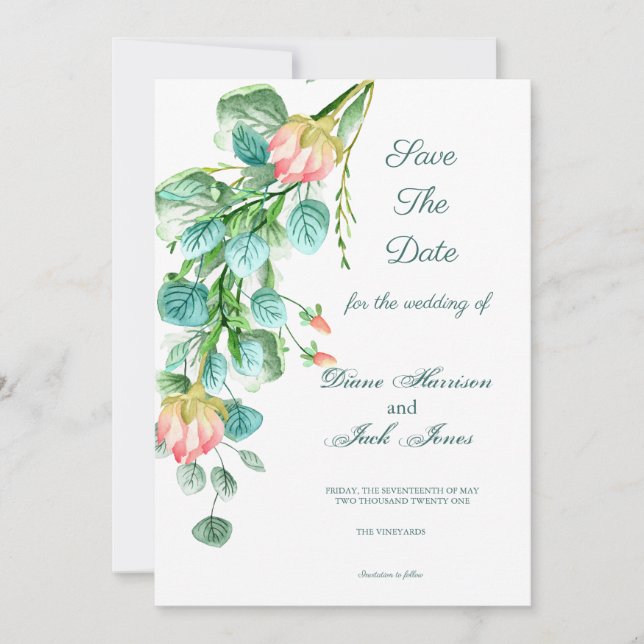 Invitation Bouquet Aquarelle Jardin Rose Enregistrer La Date (Devant)