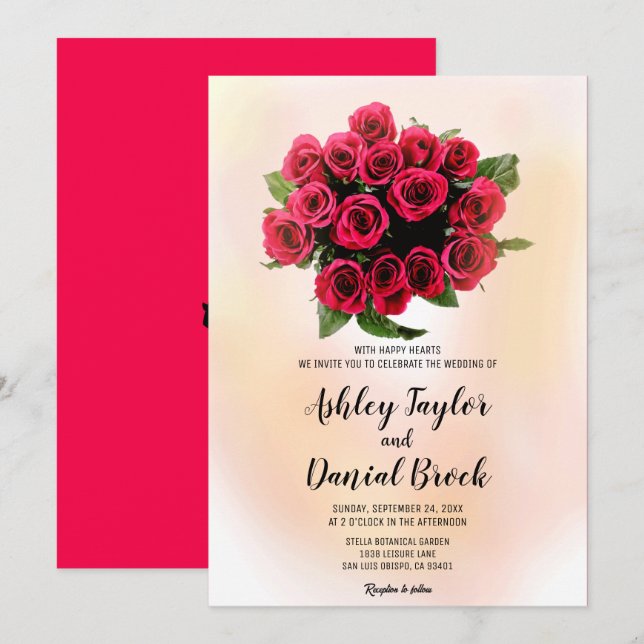 Invitation Bouquet aquarelle rouge rousse roses mariage flora (Devant / Derrière)