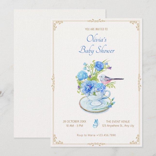 Invitation Bouquet bleu baby shower oiseau (Devant / Derrière)