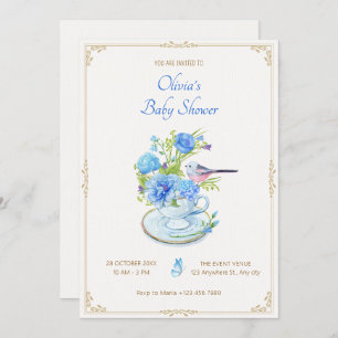 Invitation Bouquet bleu baby shower oiseau