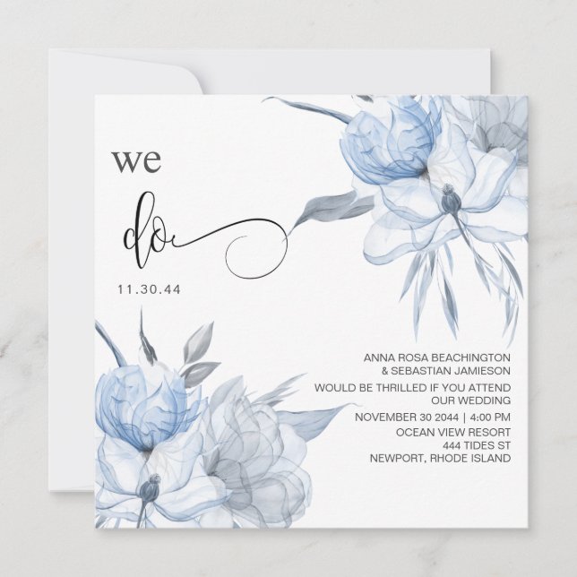 Invitation *~* Bouquet bleu clair floral AR15 QR RSVP MARIAGE (Devant)
