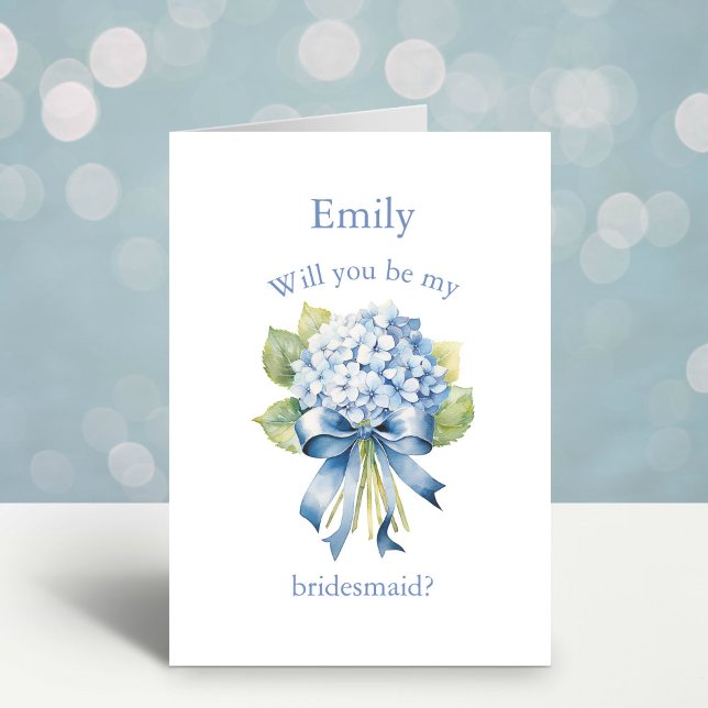 Invitation Bouquet Blue Hydrangea | Proposition de la Bridesm (A2 Personalized Wedding Party Proposal Card)