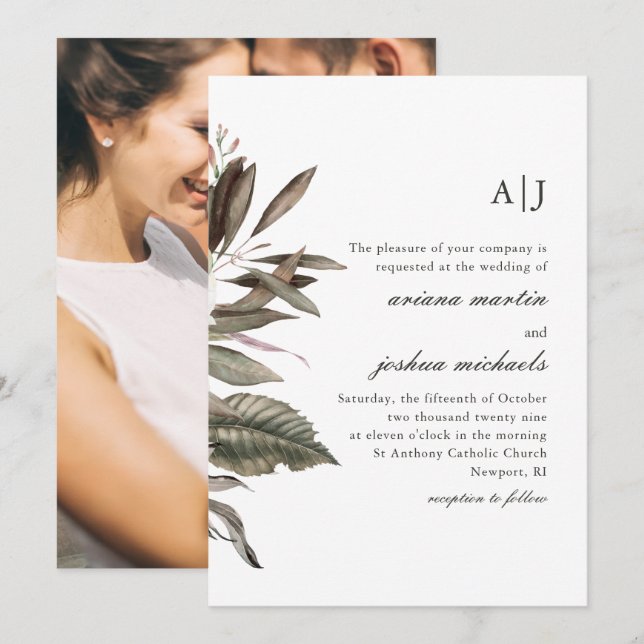 Invitation Bouquet botanique simple avec Monogrammes Photo (Devant / Derrière)