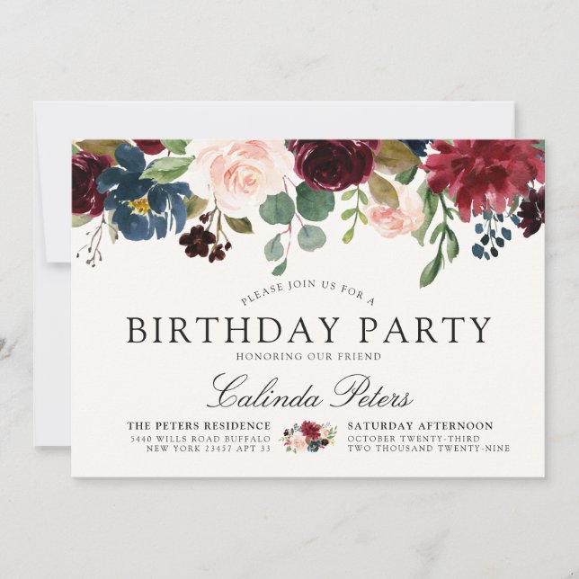 Invitation Bouquet Bourgogne | Fête d'anniversaire florale (Devant)
