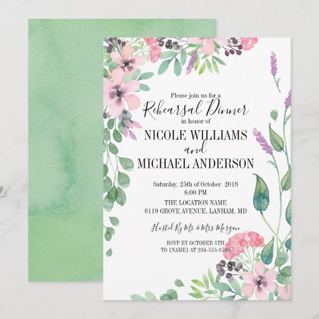 Invitation Bouquet d'aquarelle rose RUSTIQUE Dîner de répétit (Devant / Derrière)