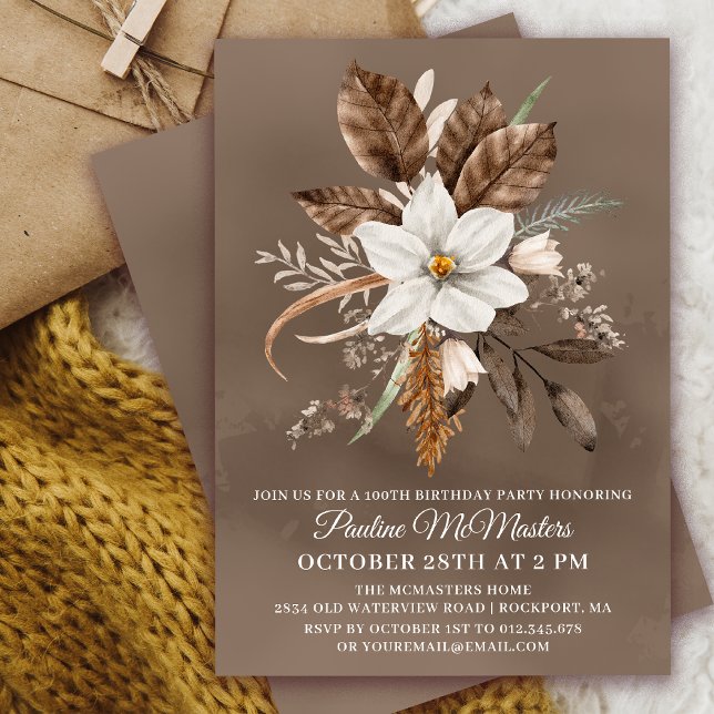 Invitation Bouquet d'automne Neutre Floral Blanc 100e anniver (Need a matching Welcome sign? Message me! )