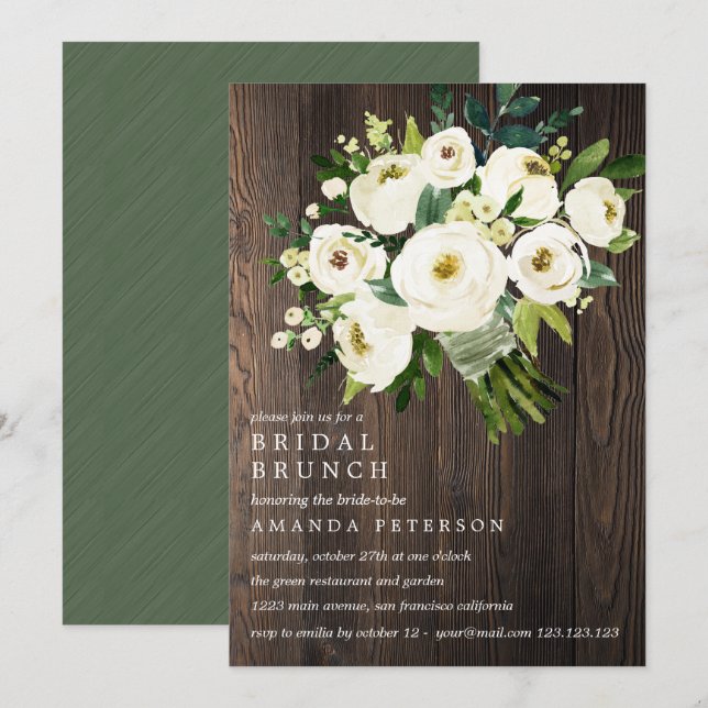Invitation Bouquet de bois à fleurs blanches pour mariage et  (Devant / Derrière)