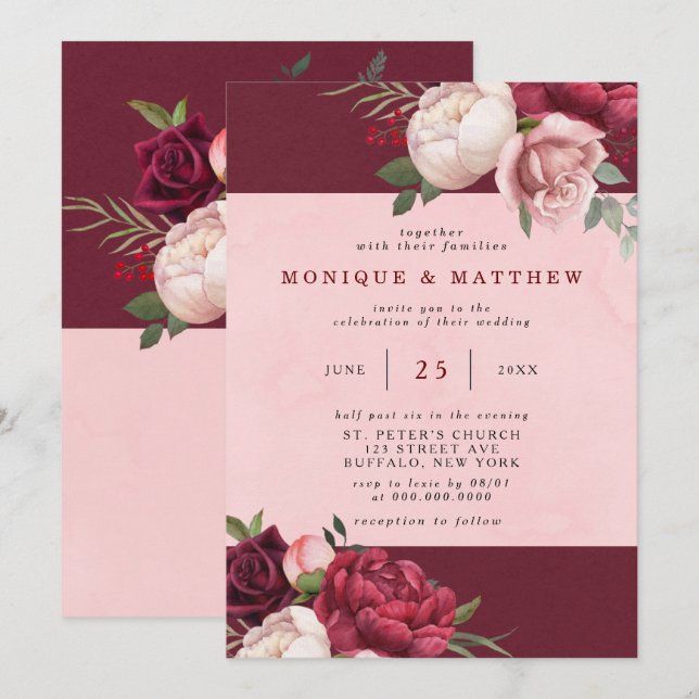 Invitation Bouquet de Bourgogne et rose pâle Mariage (Devant / Derrière)