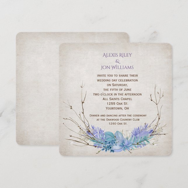 Invitation bouquet de brindilles violette et mariage d'aqua s (Devant / Derrière)
