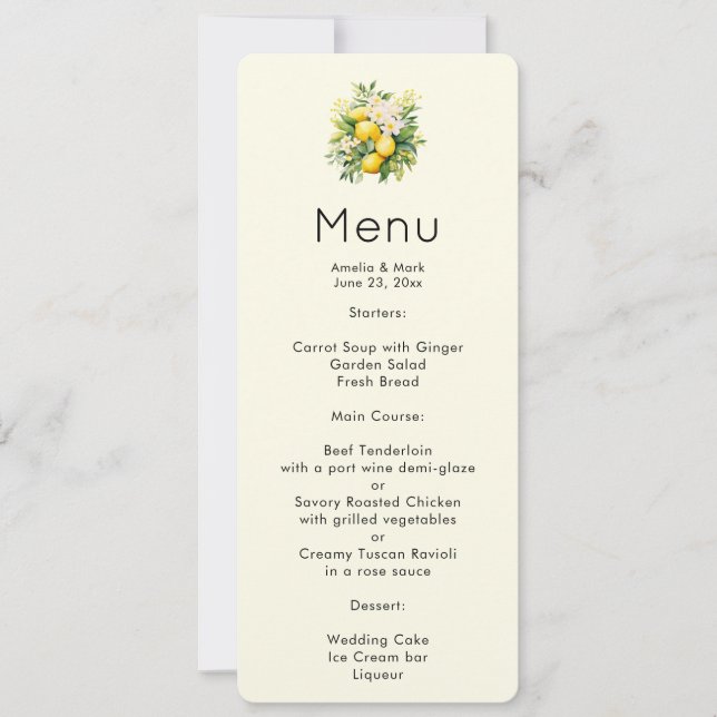 Invitation Bouquet de citron avec menu de fleurs blanches (Devant)