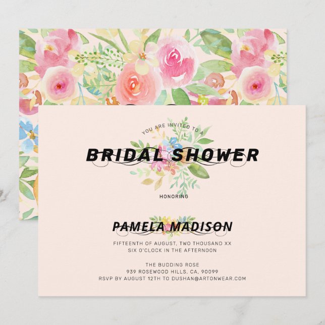 Invitation Bouquet de fleurs à l'aquarelle & typographie mode (Devant / Derrière)