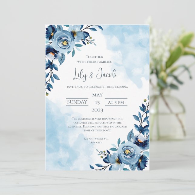 Invitation Bouquet de fleurs bleues mariages aquarelle (Debout devant)
