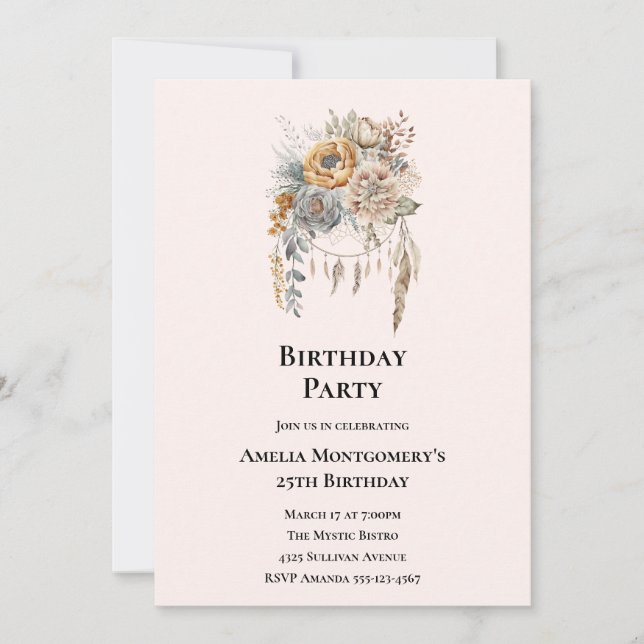 Invitation Bouquet de fleurs Boho en couleurs neutres Anniver (Devant)