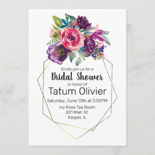 Invitation Bouquet de fleurs d'aquarelle Cadre géométrique or