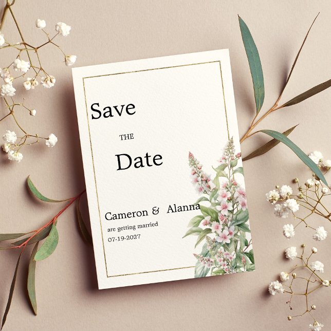 Invitation Bouquet de fleurs de menthe rose botanique Enregis (Botanical pink mint flower bouquet Save the Date)