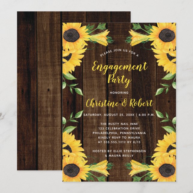 Invitation Bouquet de fleurs de tournesol | Wood Engagement P (Devant / Derrière)
