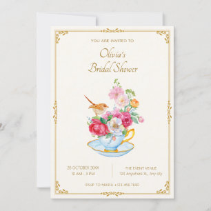 Invitation Bouquet de fleurs esthétique tasse de thé nuptiale