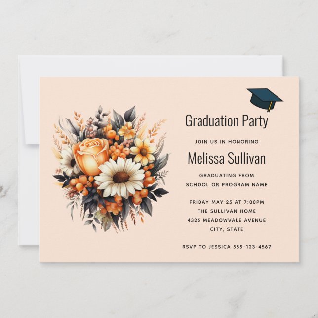 Invitation Bouquet de fleurs gris-jaune orange (Devant)