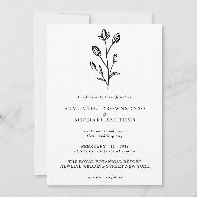Invitation Bouquet de fleurs noir blanc Botanique (Devant)