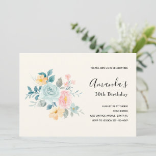 Invitation Bouquet de fleurs rose et bleu élégant - Anniversa