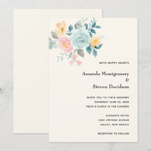 Invitation Bouquet de fleurs rose et bleu élégant - Mariage