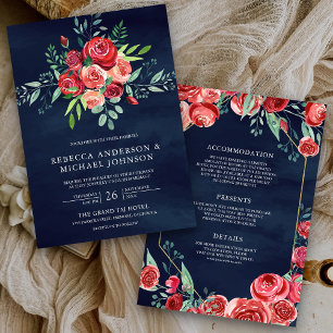 Invitation Bouquet de fleurs Roses rouges tout-en-un Mariage