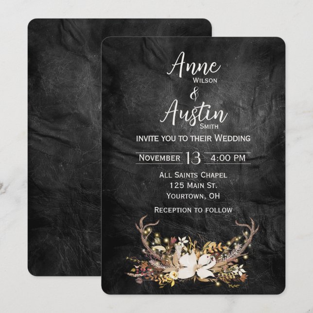 Invitation Bouquet de mariage bois de cerf sur cuir (Devant / Derrière)