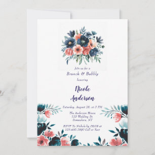 Invitation Bouquet de peinture bleu et corail Brunch et bulle