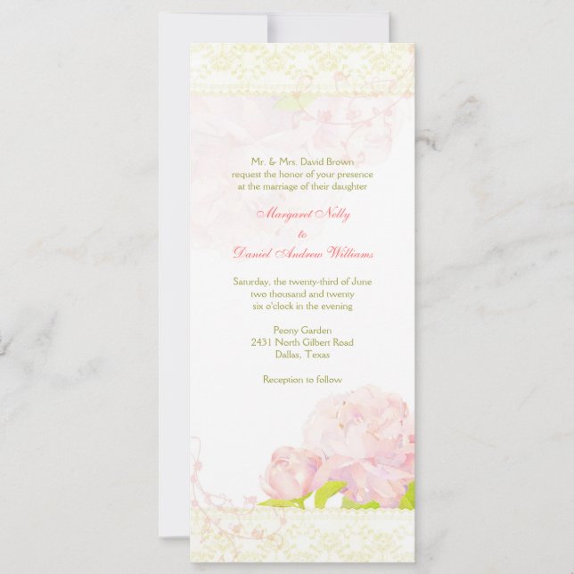 Invitation Bouquet de pivoine vierge long Mariage vertical (Devant)
