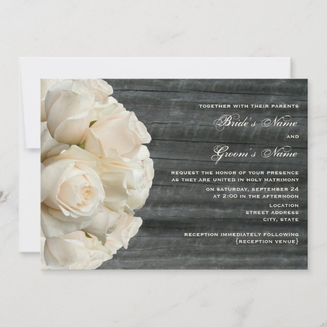 Invitation Bouquet de Rose blanche et Mariage de bois de Barn (Devant)