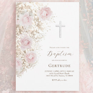 Invitation bouquet de roses délicates et gypsophile Baptême