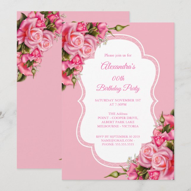 Invitation Bouquet de roses roses florales pour fête d'annive (Devant / Derrière)