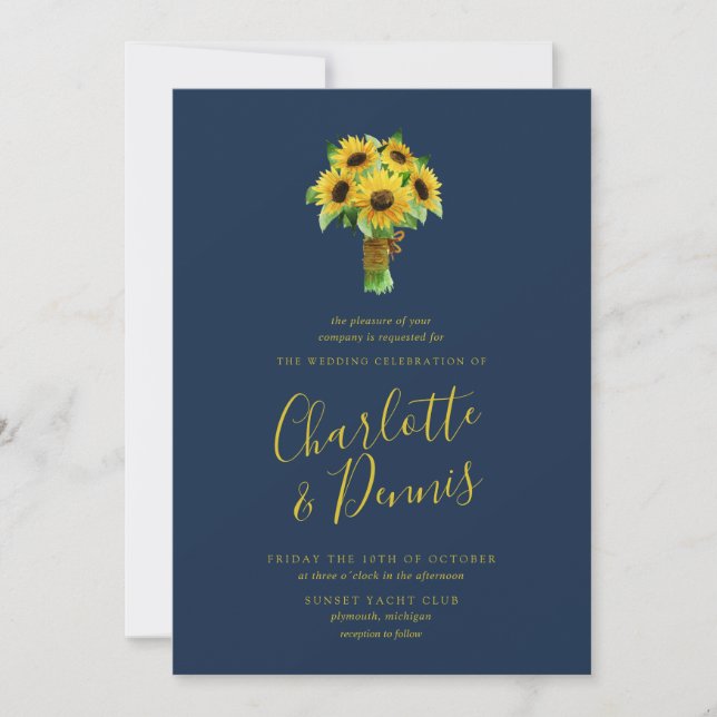 Invitation Bouquet de tournesol et mariage de la marine (Devant)