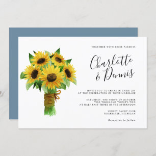 Invitation bouquet de tournesol et mariage horizontal bleu ch