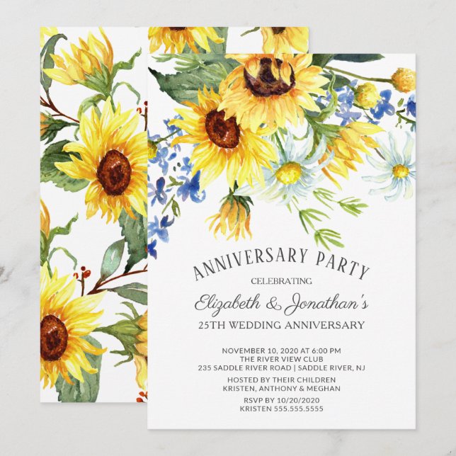 Invitation Bouquet de tournesol fête du 25e anniversaire (Devant / Derrière)